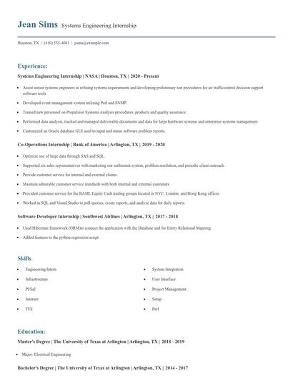 Systems Engineering Internship Resume