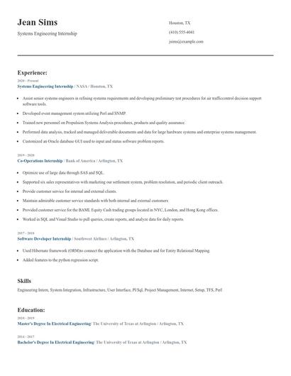 Systems Engineering Internship Resume