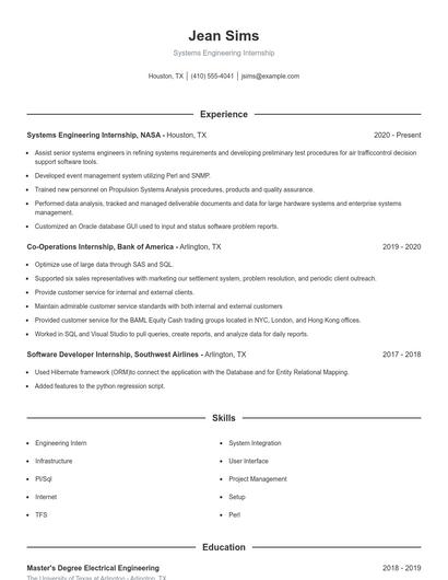 Systems Engineering Internship Resume