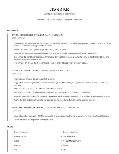 Systems Engineering Internship Resume