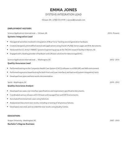 Systems Integration Lead Resume