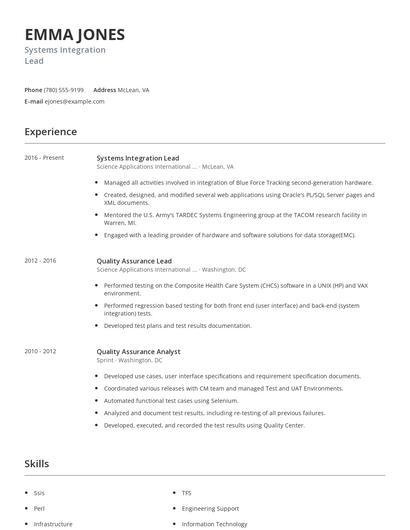 Systems Integration Lead Resume