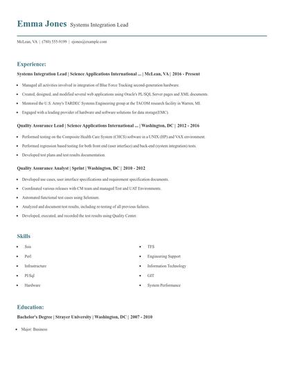 Systems Integration Lead Resume