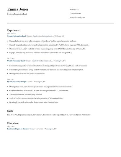 Systems Integration Lead Resume