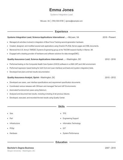 Systems Integration Lead Resume