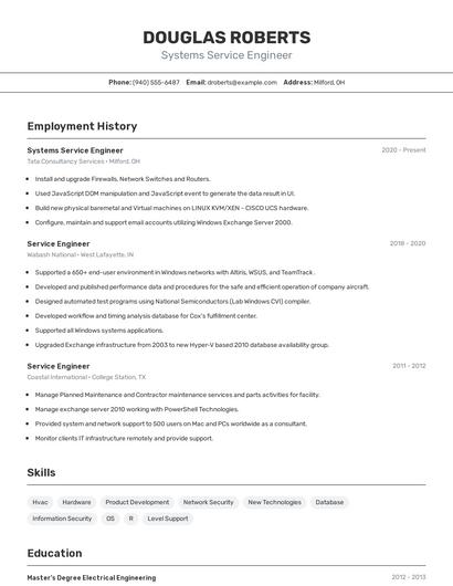 Systems Service Engineer Resume