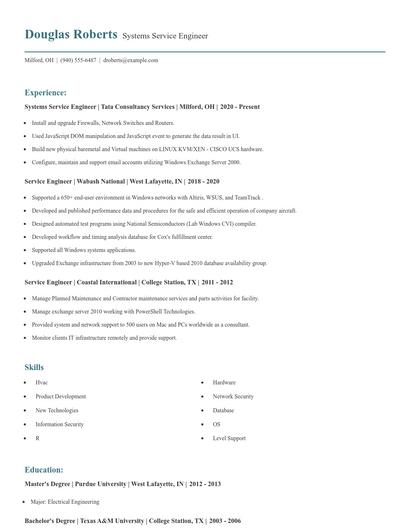Systems Service Engineer Resume
