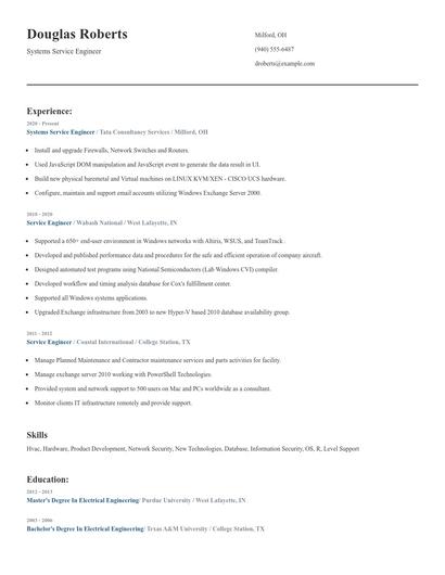 Systems Service Engineer Resume