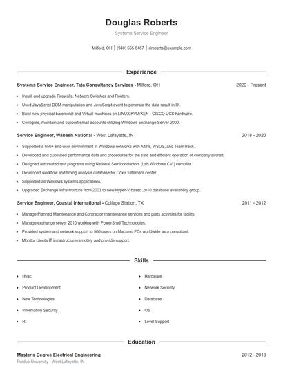 Systems Service Engineer Resume