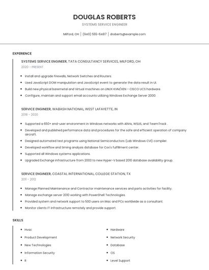 Systems Service Engineer Resume
