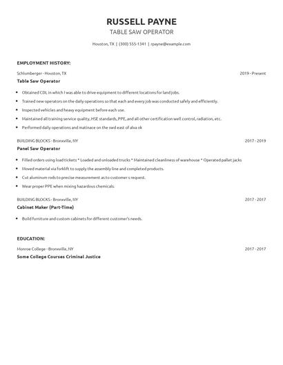 Table Saw Operator Resume