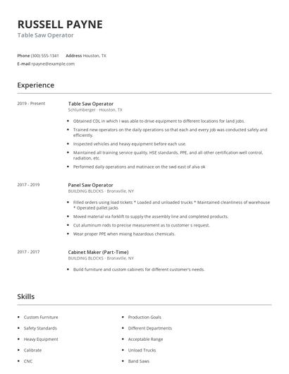 Table Saw Operator Resume