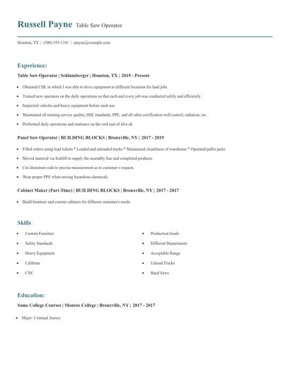 Table Saw Operator Resume