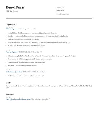 Table Saw Operator Resume