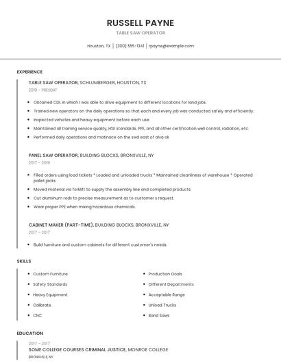 Table Saw Operator Resume