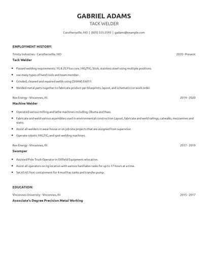 Tack Welder Resume