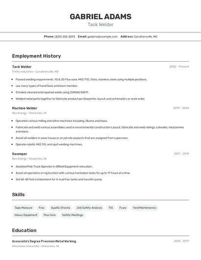 Tack Welder Resume