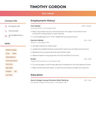 Tack Welder Resume