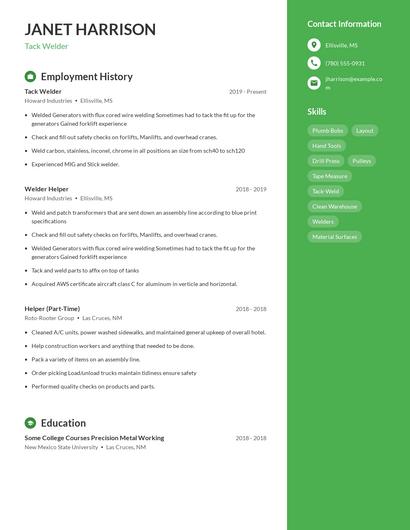 Tack Welder Resume