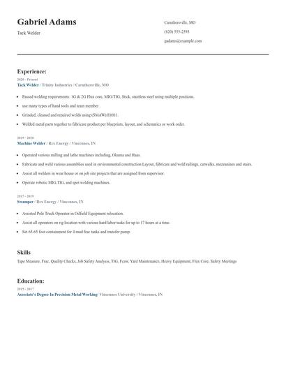 Tack Welder Resume