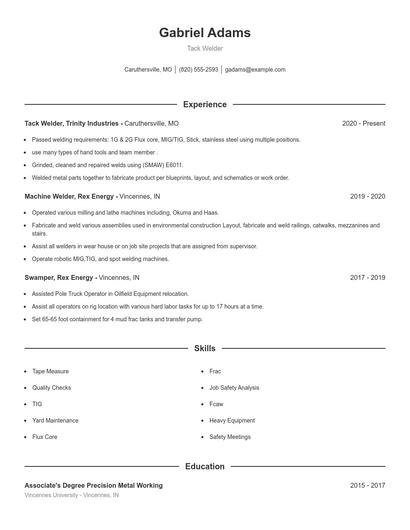 Tack Welder Resume