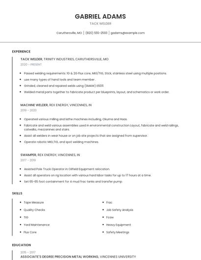 Tack Welder Resume