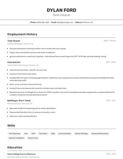 Tank Cleaner Resume