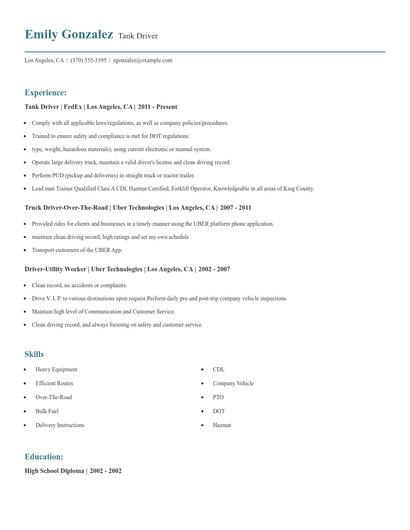 Tank Driver Resume