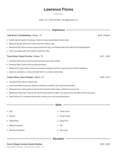 Tank Driver Resume