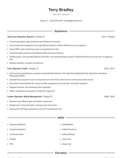 Tank Farm Operator Resume