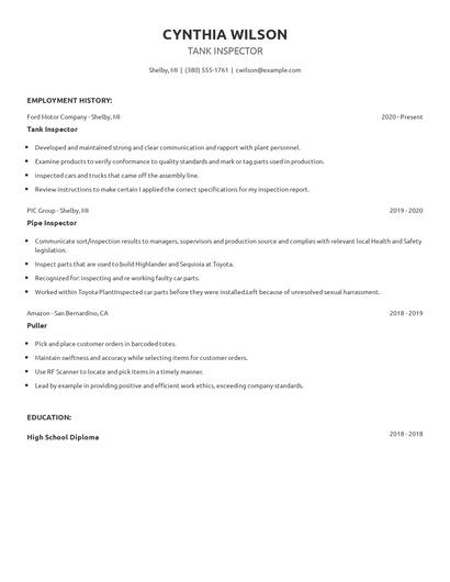 Tank Inspector Resume