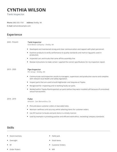 Tank Inspector Resume