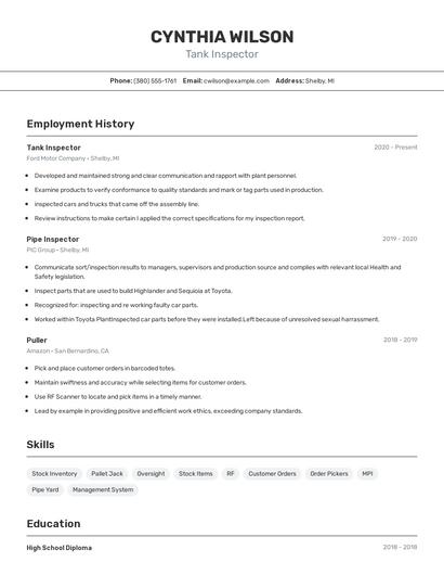 Tank Inspector Resume