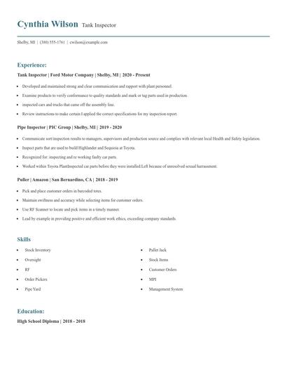Tank Inspector Resume