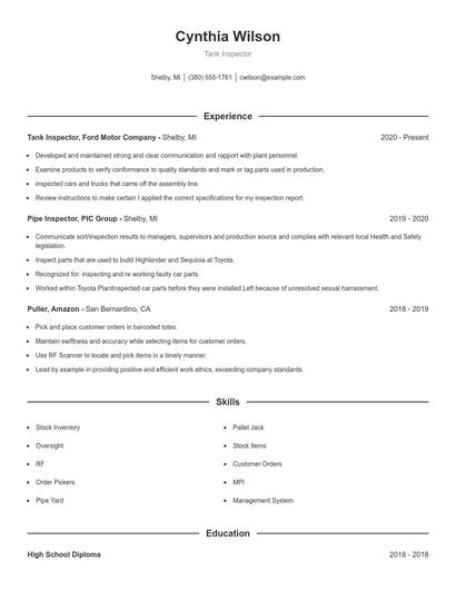Tank Inspector Resume