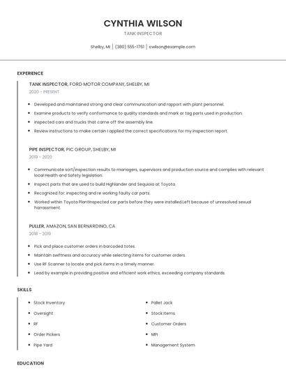 Tank Inspector Resume