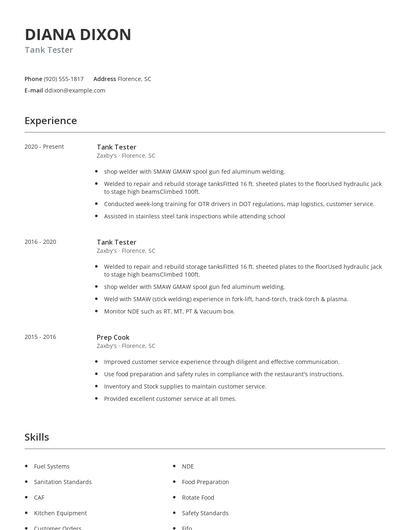 Tank Tester Resume