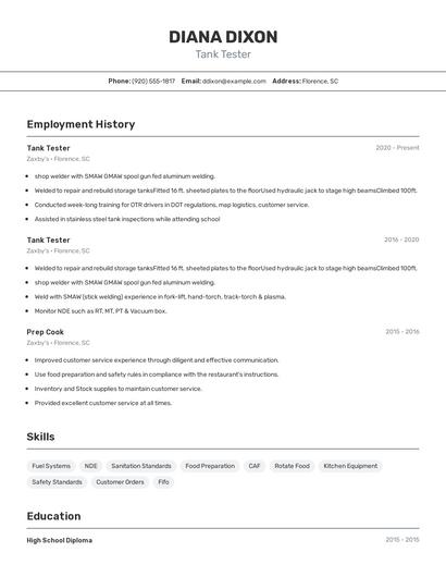 Tank Tester Resume