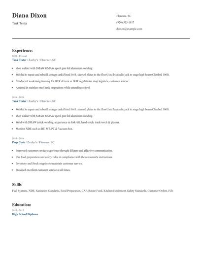 Tank Tester Resume