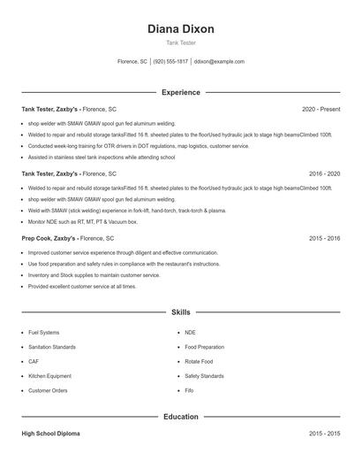 Tank Tester Resume