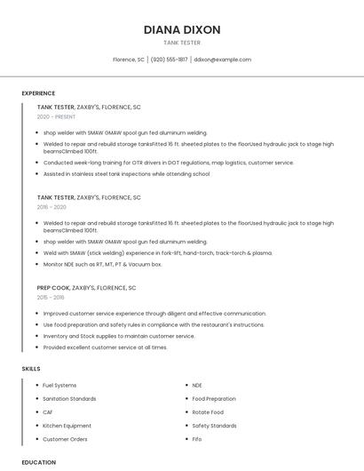 Tank Tester Resume
