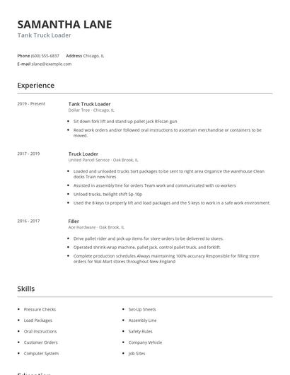 Tank Truck Loader Resume