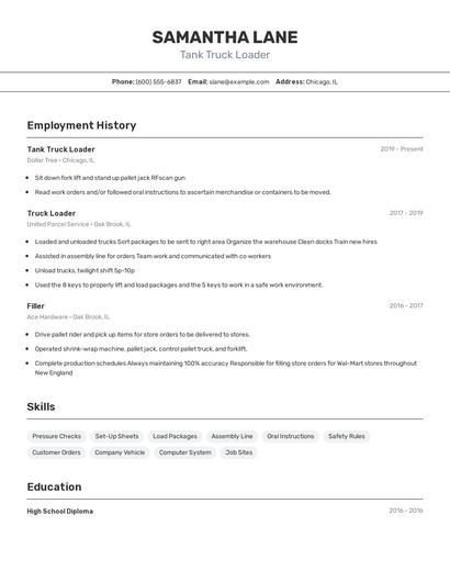 Tank Truck Loader Resume
