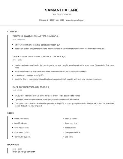 Tank Truck Loader Resume