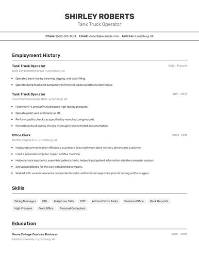 Tank Truck Operator Resume