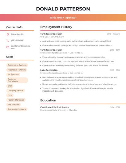 Tank Truck Operator Resume