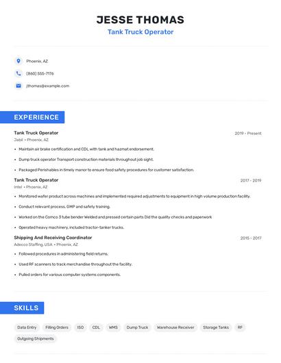 Tank Truck Operator Resume