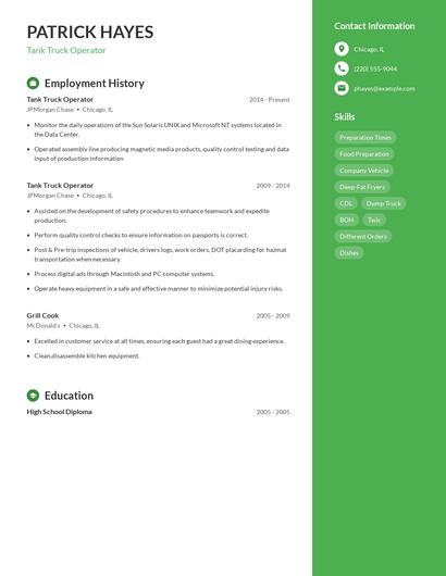 Tank Truck Operator Resume