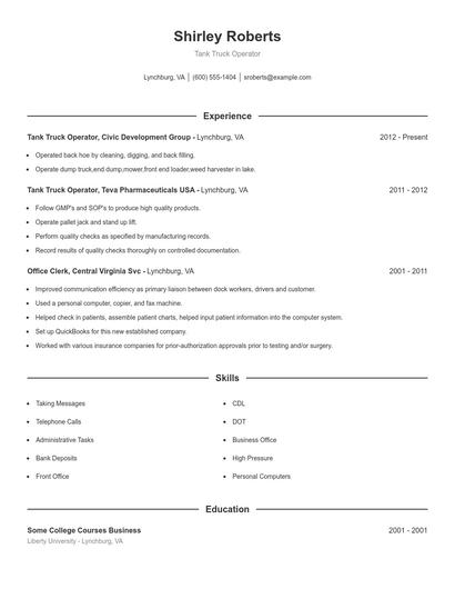 Tank Truck Operator Resume