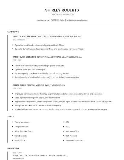 Tank Truck Operator Resume